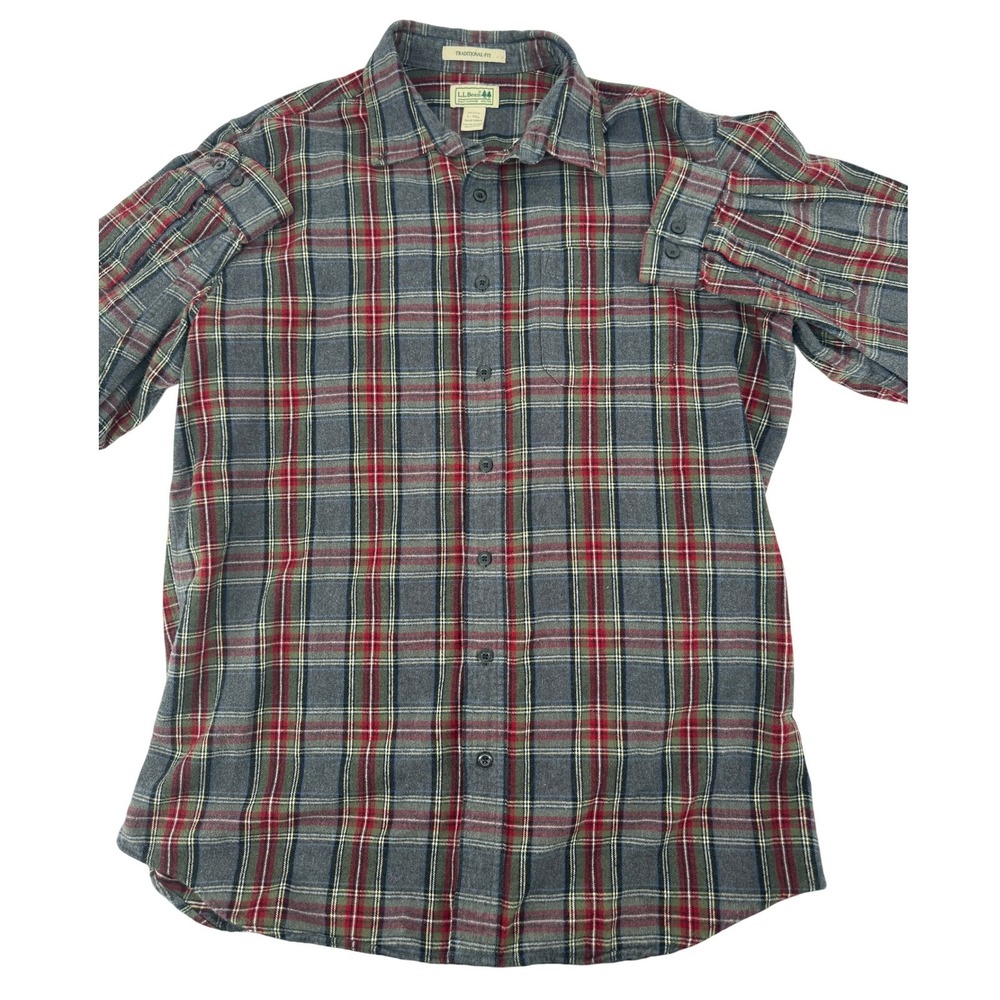 LL Bean Flannel Shirt Large Tall Traditional Fit Plaid Men Gray Red Cotton